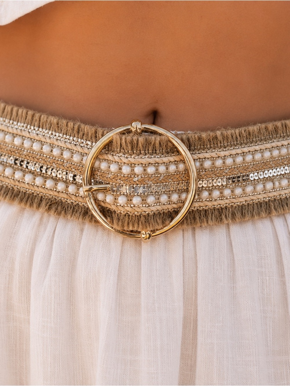 NWT Haute Hippie Style Boho Pearl & Sequin Woven Belt L